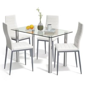 5-Piece Dining Set with Glass Top Table and 4 White   Chairs