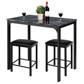 3-Piece Dining Set  Faux Marble Table-Top and 2 Black Chairs Stools