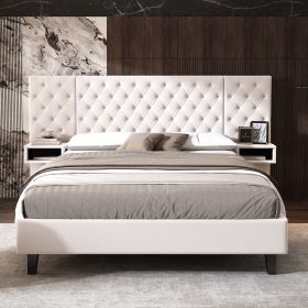 Queen Size Platform Bed with Headboard, Modern Velvet Upholstered Platform Bed with 2 Nightstands, with diamond tufted, Beige