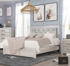 1pc Modern Queen Panel Bed with Headboard Lighting Beige Finish Faux Leather Upholstery Button Tufted Wooden Bedroom Furniture