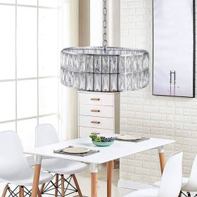 Modern Crystal Drum Chandelier, 6-Light Pendant Lighting Fixture with Silver Metal Frame for Living Room, Dining Room