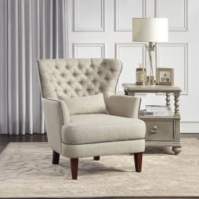 Traditional Living Room Luxury Accent Chair 1pc High Flair-Back Button-Tufted Beige Nailhead-Trim Lumbar Pillow Soldi Wood Furniture