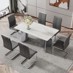 Modern minimalist dining table. Imitation marble glass sticker desktop, stainless steel legs