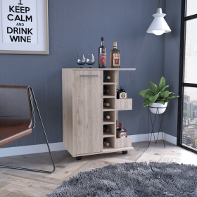 DEPOT E-SHOP Magda Bar Cart, Four Casters, Single Door Cabinet, Two External Shelves, Light Oak