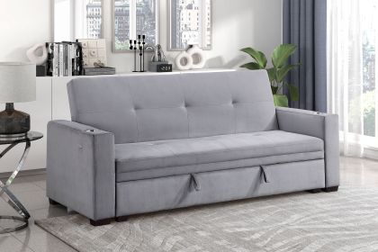 Modern Convertible Sofa with Hidden Storage Cup Holders Charging Ports Gray Velvet Solid Wood Living Room Furniture 1pc