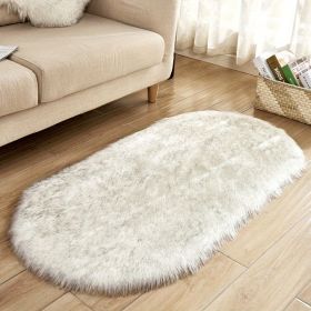 1pc Super Soft Area Rug, Plush Fluffy Faux Sheepskin Oval Floor Mat For Living Room Bedroom, Machine Washable Bedside Rugs (Color: White Gray Tip, size: 23.62*47.24inch)