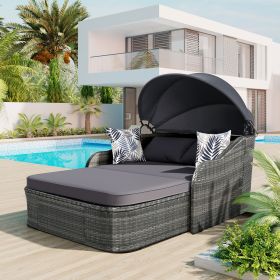 Outdoor Sunbed with Adjustable Canopy Rattan Daybed (Color: Gray)