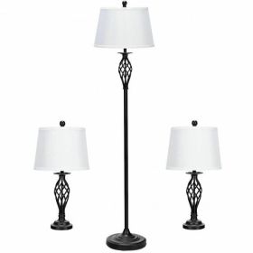 2 Table Lamps 1 Floor Lamp Set with Fabric Shades (Color: as show)