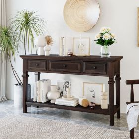 Classic Retro Style Console Table with Three Top Drawers and Open Style Bottom Shelf,Easy Assembly (Material: Solid Wood, Color: Espresso)