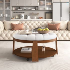 Modern Large Round Button Tufted Ottoman Coffee Table (Material: Rubber Wood, Color: Ivory White)