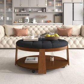 Modern Large Round Button Tufted Ottoman Coffee Table (Material: Rubber Wood, Color: Black+Brown)