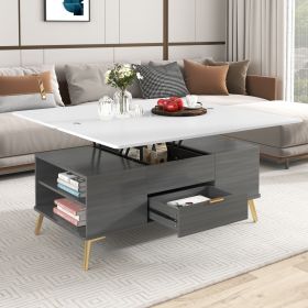 Modern Lift Top Coffee Table Multi Functional Table with Drawers (Material: MDF+Steel, Color: White+gray)