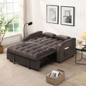 Modern Velvet Loveseat Futon Sofa Couch w/Pullout Bed,Small Love Seat Lounge Sofa with adjustable Reclining Backrest,Toss Pillows, Pockets (Color: Dark Gray)