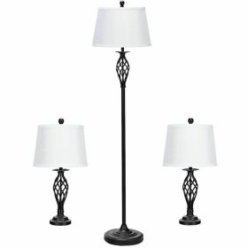 2 Table Lamps 1 Floor Lamp Set with Fabric Shades (Color: Black & White)