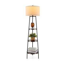 Shelf Floor Lamp with Storage Shelves and Linen Lampshade (Color: Black)