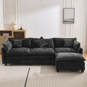 112.2" L-Shape Chenille Upholstered Sofa for Living Room Modern Luxury Sofa Couch with Ottoman and 5 Pillows for Living Room (Material: Foam, Color: Black)