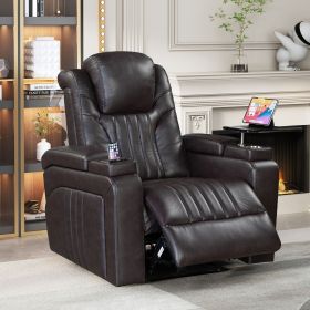 PU Leather Power Recliner Home Theater Recliner with Power Adjustable Headrest, Wireless Charging Device, USB Port, Storage Arms (Material: PU Leather, Color: Brown)