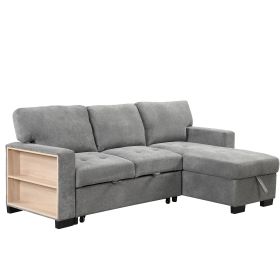 Stylish and Functional Light Chaise Lounge Sectional with Storage Rack Pull-out Bed Drop Down Table and USB Charger (Material: Foam+Spring, Color: Gray)