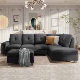 Reversible Sectional Sofa Space Saving with Storage Ottoman Rivet Ornament L-shape Couch for Large Space Dorm Apartment (Material: Linen, Color: Gray)