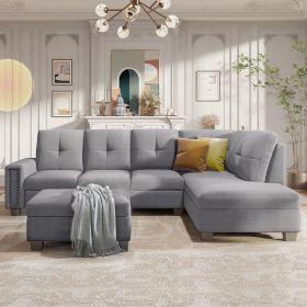 Reversible Sectional Sofa Space Saving with Storage Ottoman Rivet Ornament L-shape Couch for Large Space Dorm Apartment (Material: Linen, Color: LIGHT GREY)