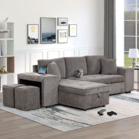 104.5" Pull Out Sleeper Sofa Reversible L-Shape 3 Seat Sectional Couch with Storage Chaise and 2 Stools for Living Room Furniture Set (Material: Linen, Color: Knox Charcoal)