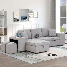 104.5" Pull Out Sleeper Sofa Reversible L-Shape 3 Seat Sectional Couch with Storage Chaise and 2 Stools for Living Room Furniture Set (Material: Linen, Color: Gray)