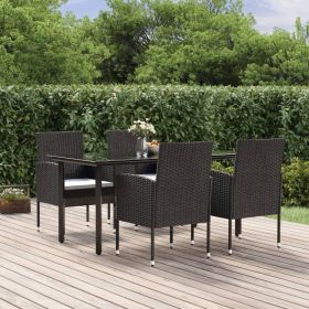 5 Piece Patio Dining Set with Cushions Black Poly Rattan (Color: Black)