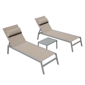 Patio Chaise Lounge Set of 3, Aluminum Pool Lounge Chairs with Side Table, Outdoor Adjustable Recliner All Weather for Poolside, Beach, Yard, Balcony (Color: as Pic)