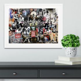 Banksy Collage Framed Print (Color: White, size: 12" x 8" / 30cm x 20cm (approx))