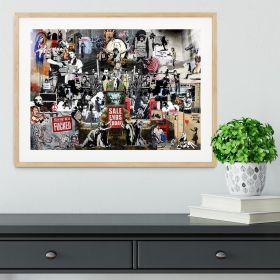 Banksy Collage Framed Print (Color: Natural, size: 48" x 32" / 120cm x 80cm (approx))